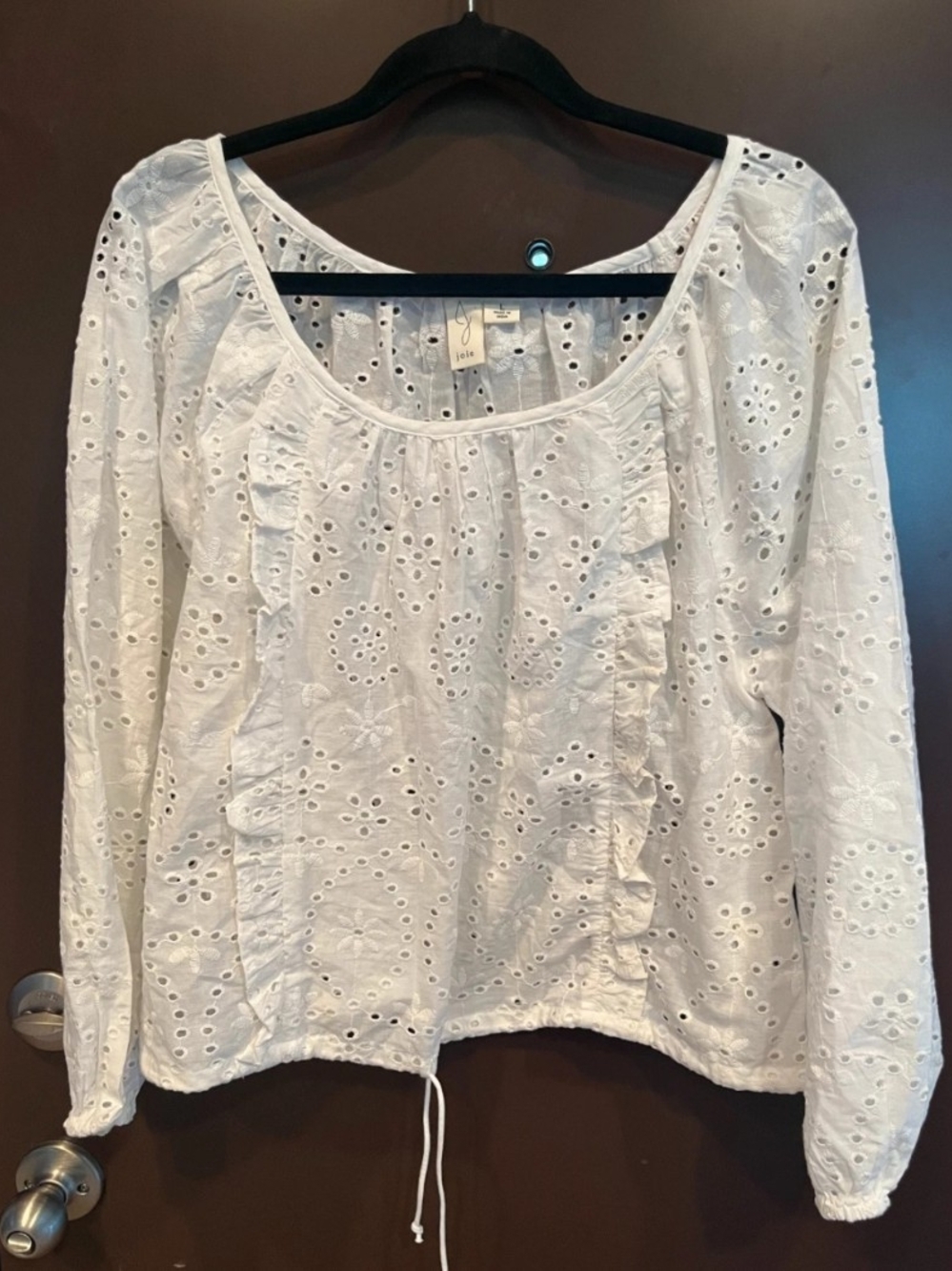 Joie White Eyelet Ruffle-Trim Long Sleeve Scoop Top